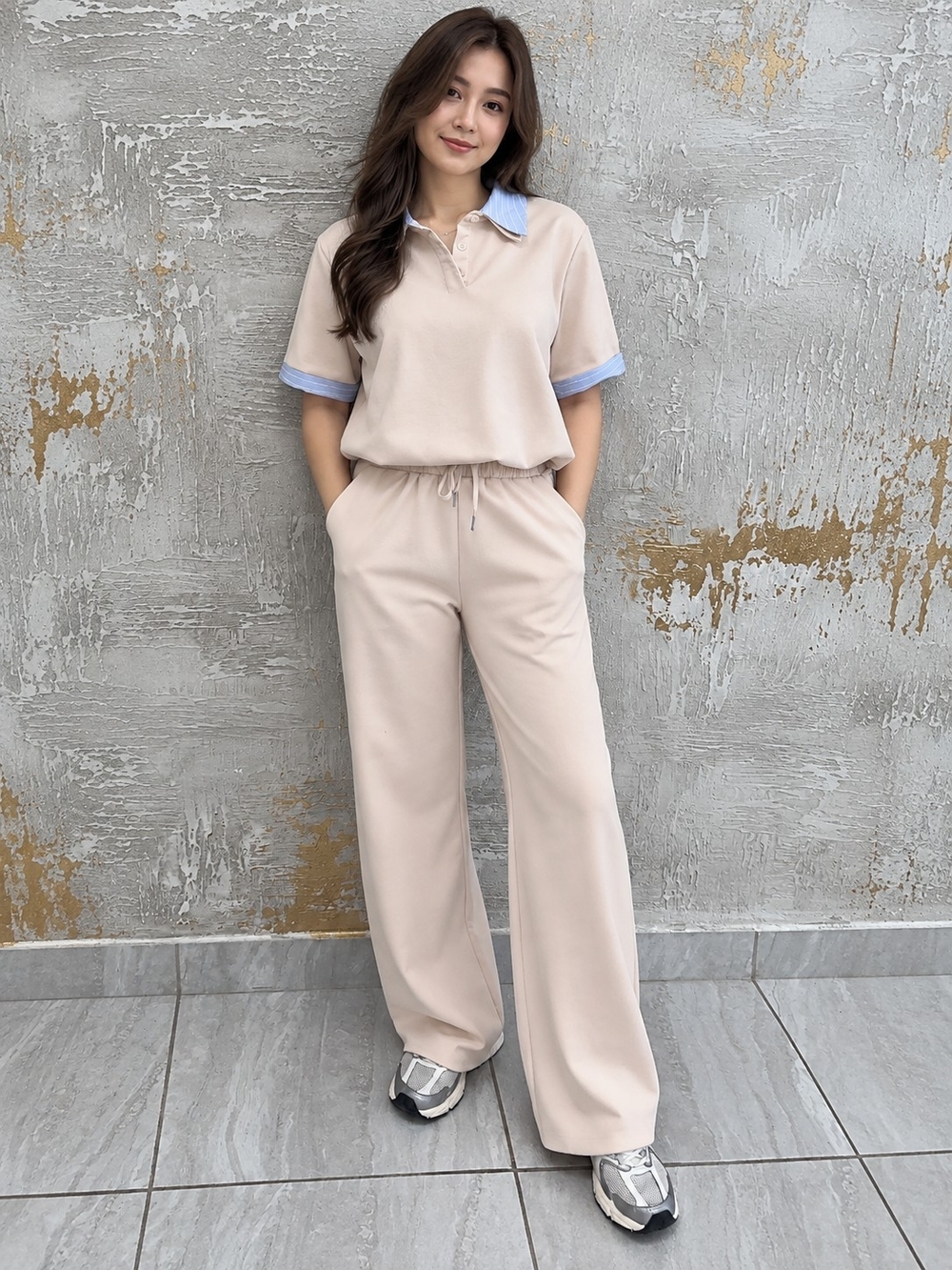 NEW TEN/22 Blush Polo Top & Wide Leg Pants 2 Piece Set